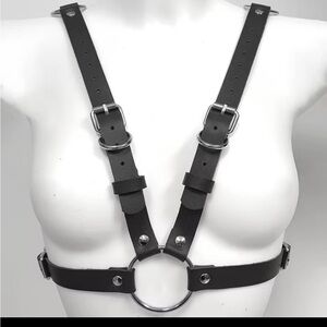 Black Leather Harness with Silver O rings New